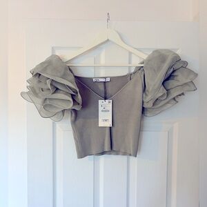 BRAND NEW WITH TAGS ZARA EMBELLISHED PUFF SLEEVE LIGHT GREEN TOP IN SIZE SMALL